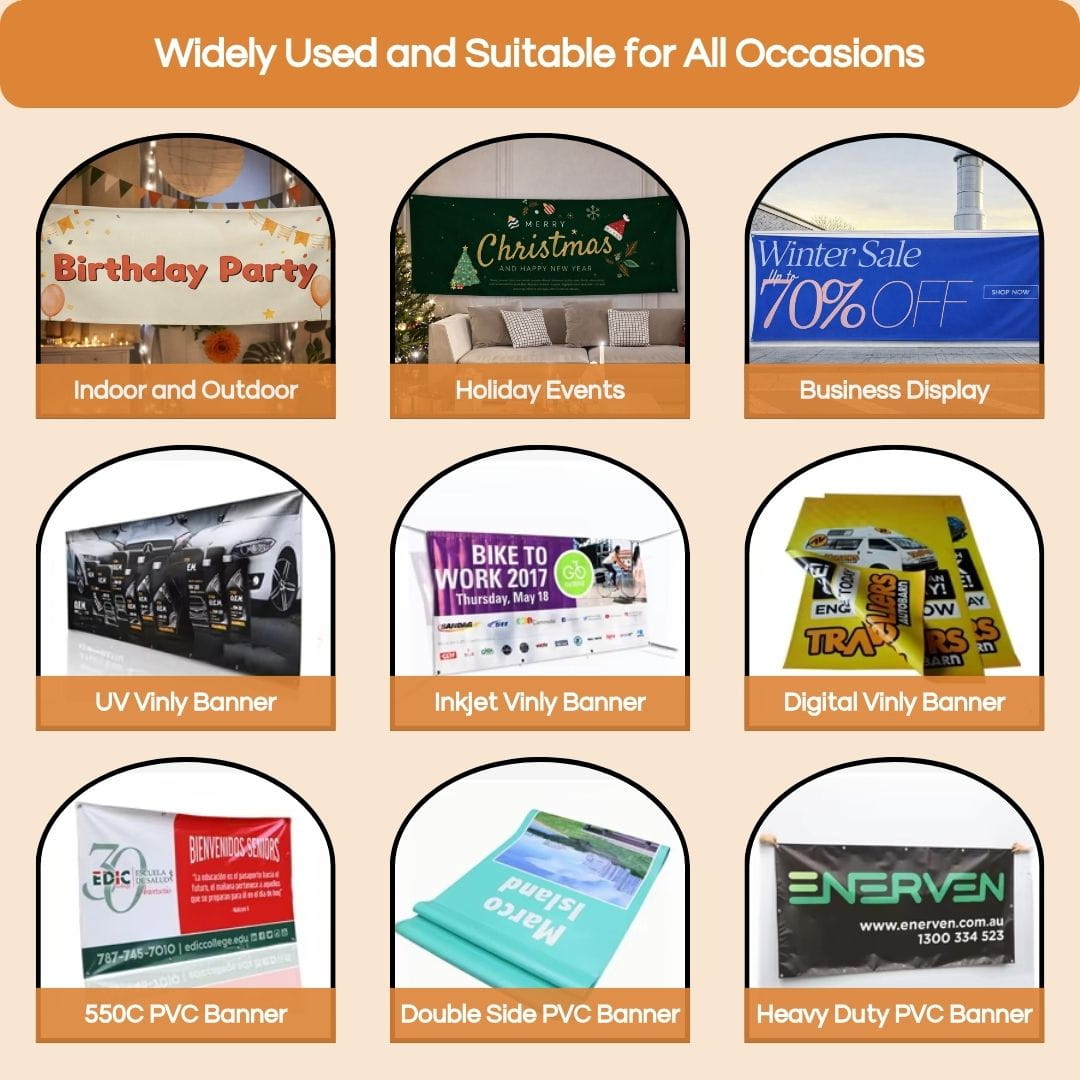 Promotional banner display with various types of banners for different occasions.