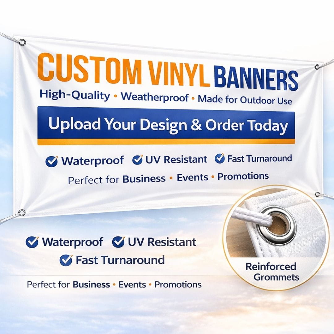 Custom vinyl banners advertisement with features and ordering information.