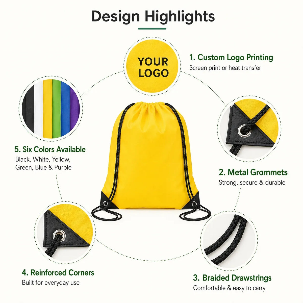 Custom yellow drawstring backpack with logo printing, reinforced corners, metal grommets, and six available colors.