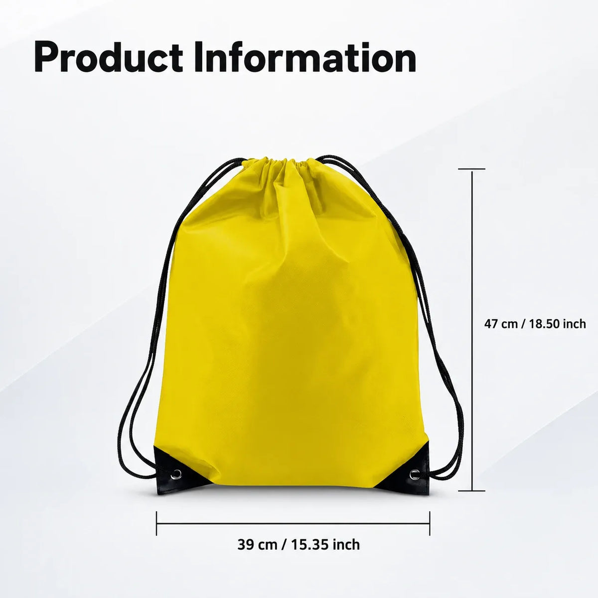 Yellow drawstring backpack with black cords and black corner tips, shown with product information text and dimensions: 47 cm height and 39 cm width on a light gray background.