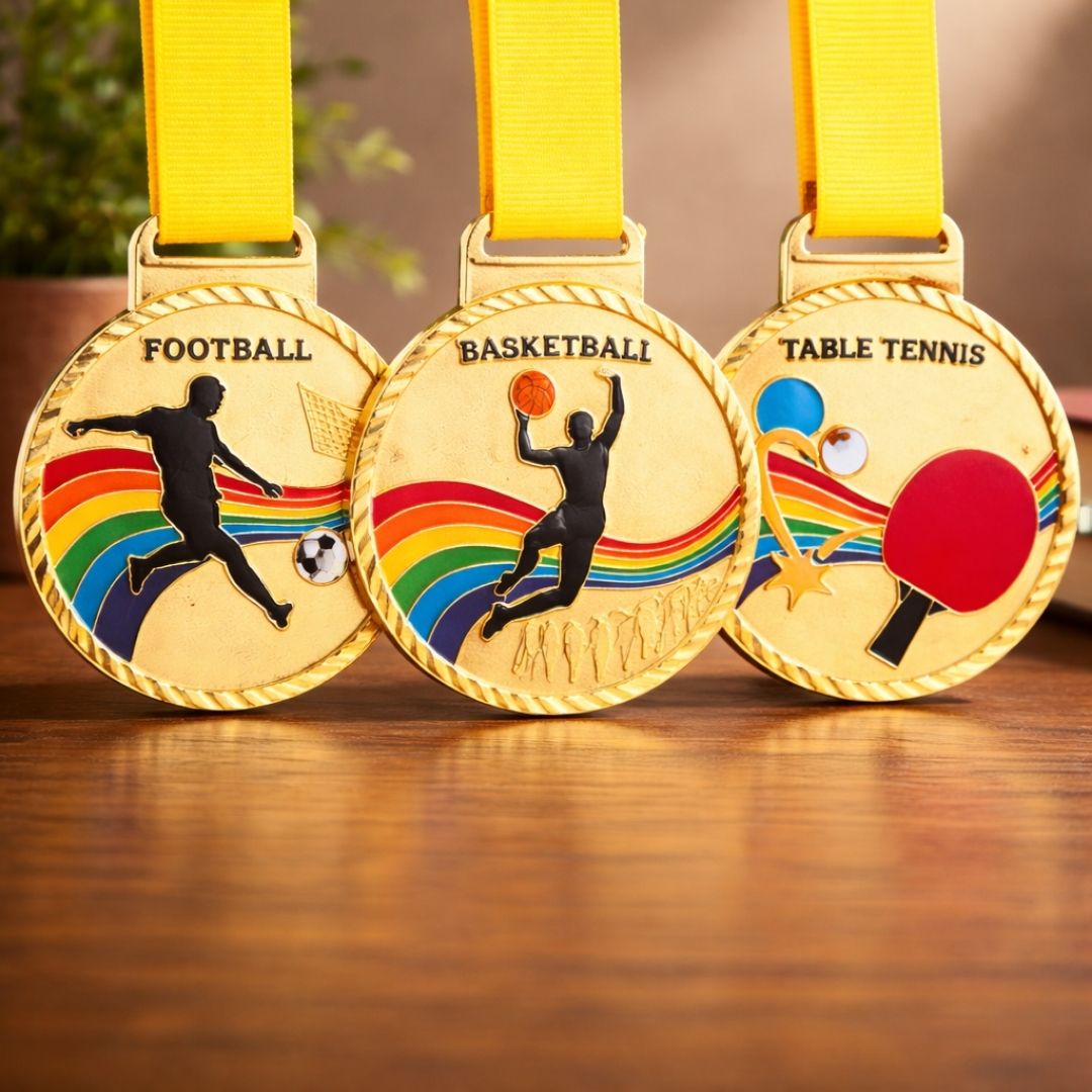 Three gold medals with silhouettes of athletes and sports equipment on a wooden surface.