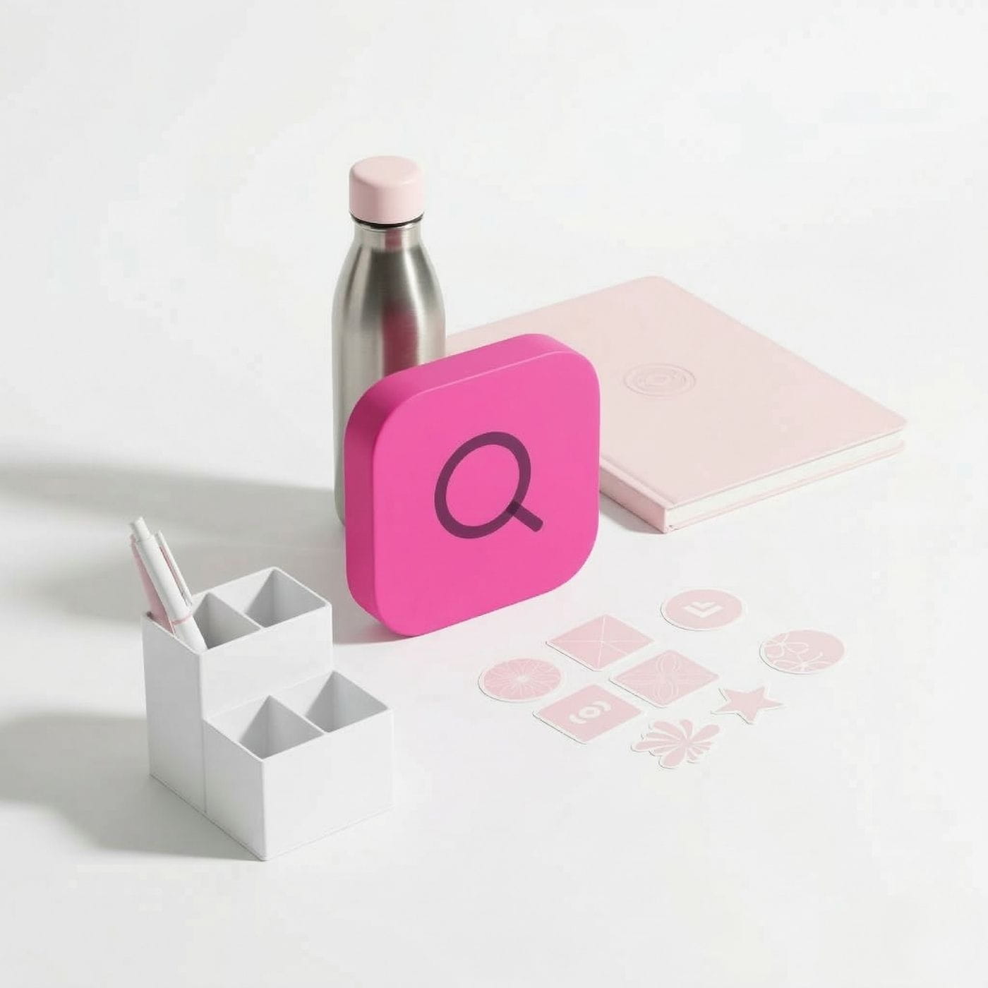 Pink cube with a letter 'Q' on a white surface with stationery items.