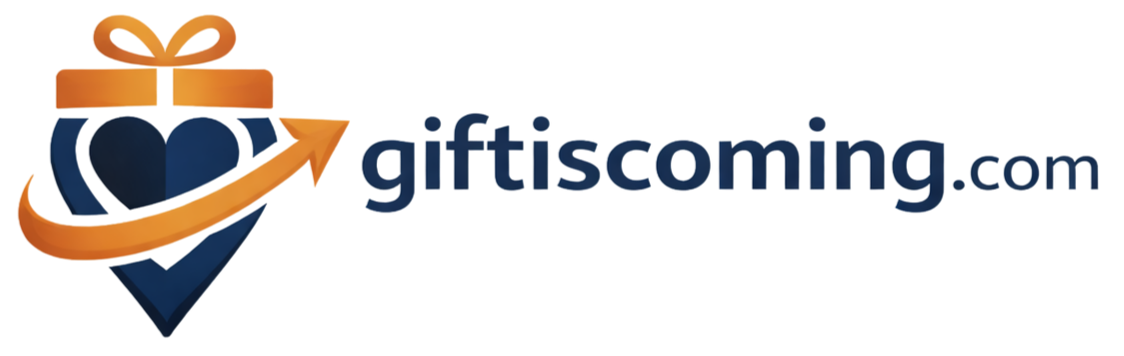 Logo of giftiscoming.com with a gift box, heart, and checkmark on a white background