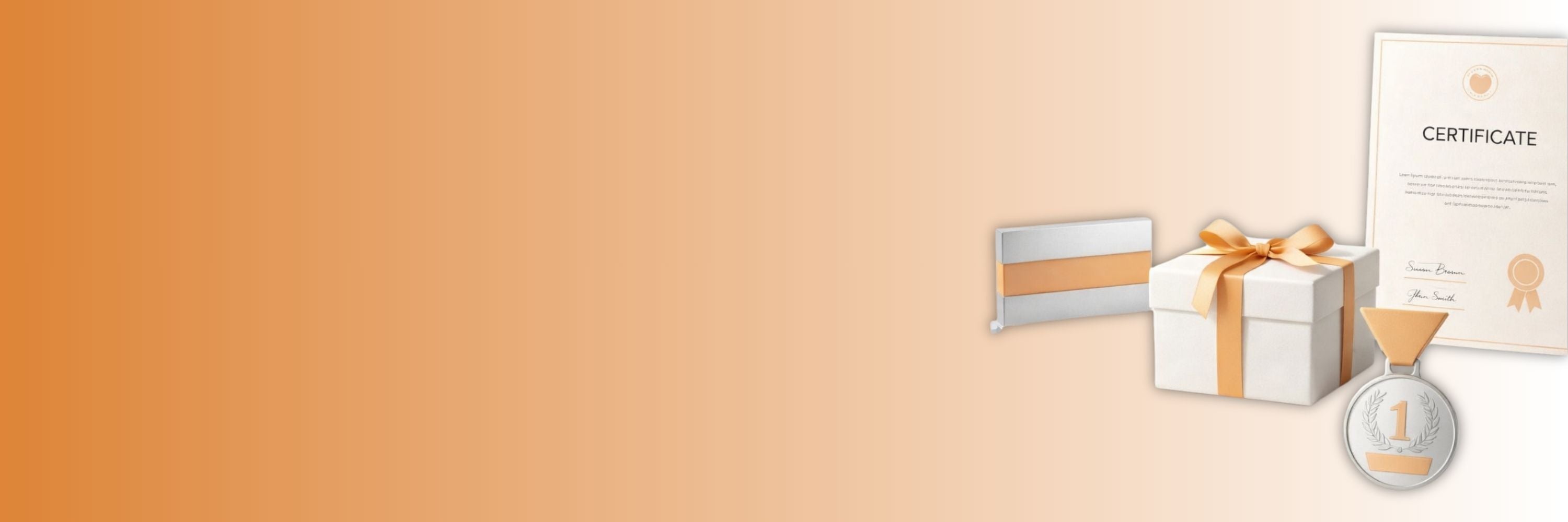Gift box with ribbon, certificate, and medal on a gradient background