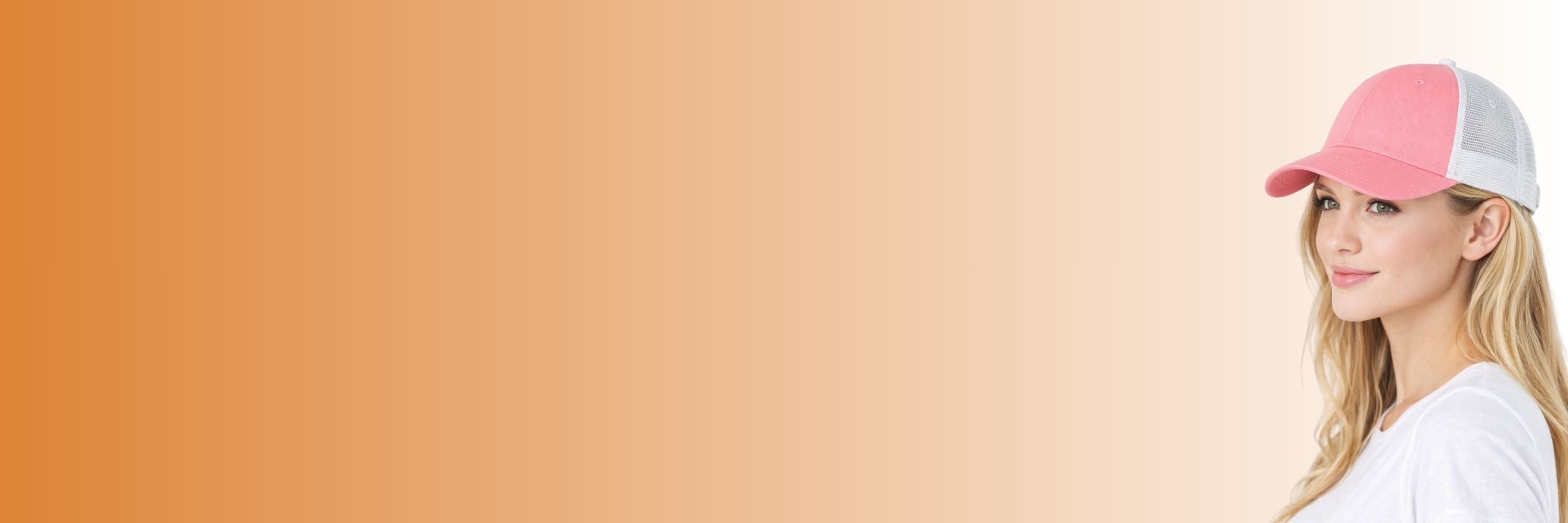 Woman wearing a pink and white cap on a beige background
