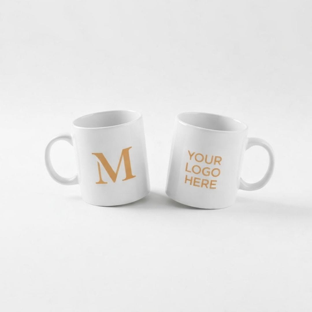 Two white mugs with pink letter 'M' and text placeholder on a light gray background