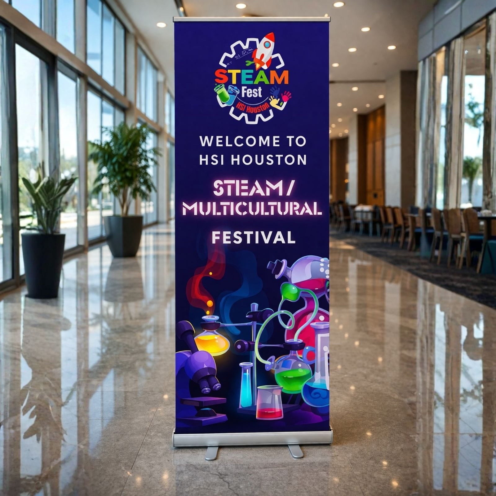 Promotional poster for HSI Houston's STEAM/Multicultural Festival with colorful scientific elements on a dark background.