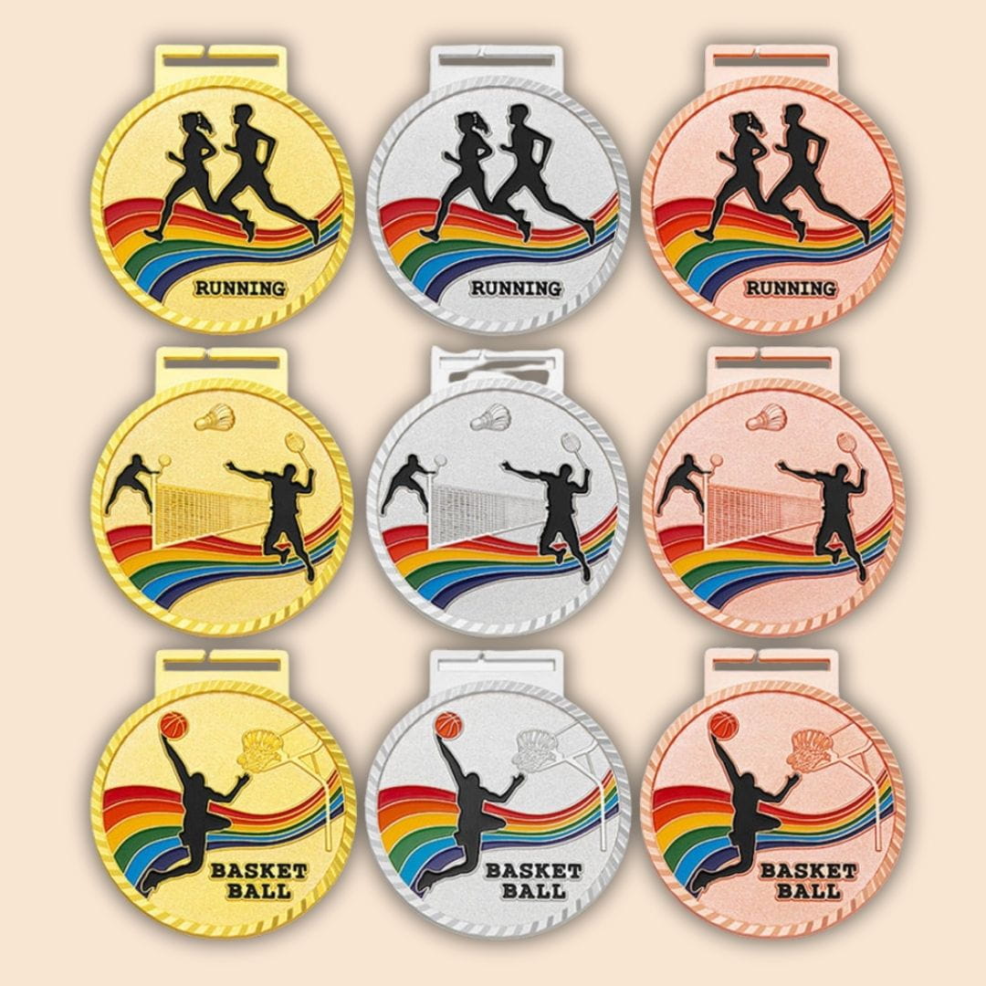 Set of medals with sports illustrations and rainbow designs on a beige background