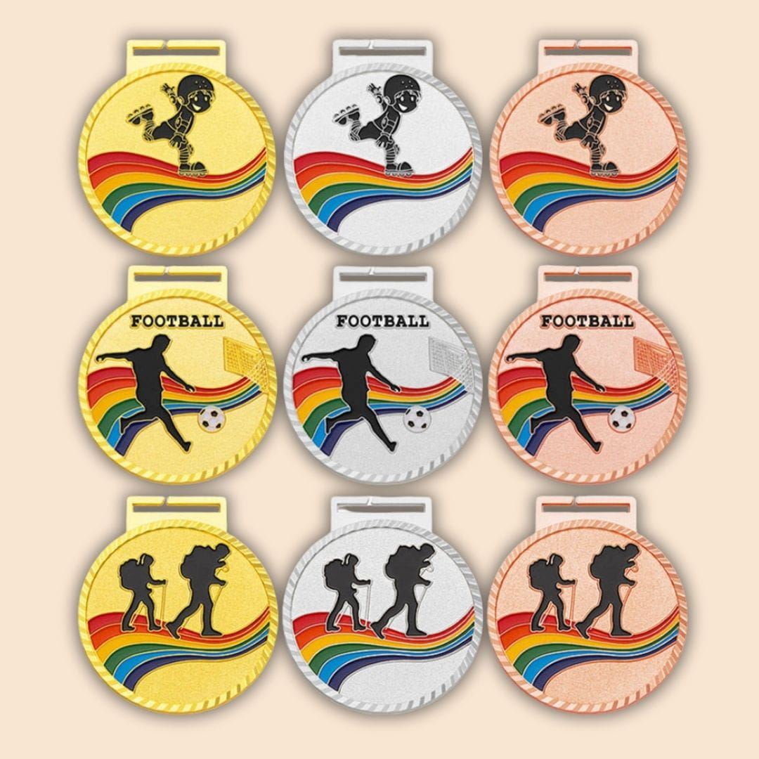 Set of medals with sports-themed designs on a beige background