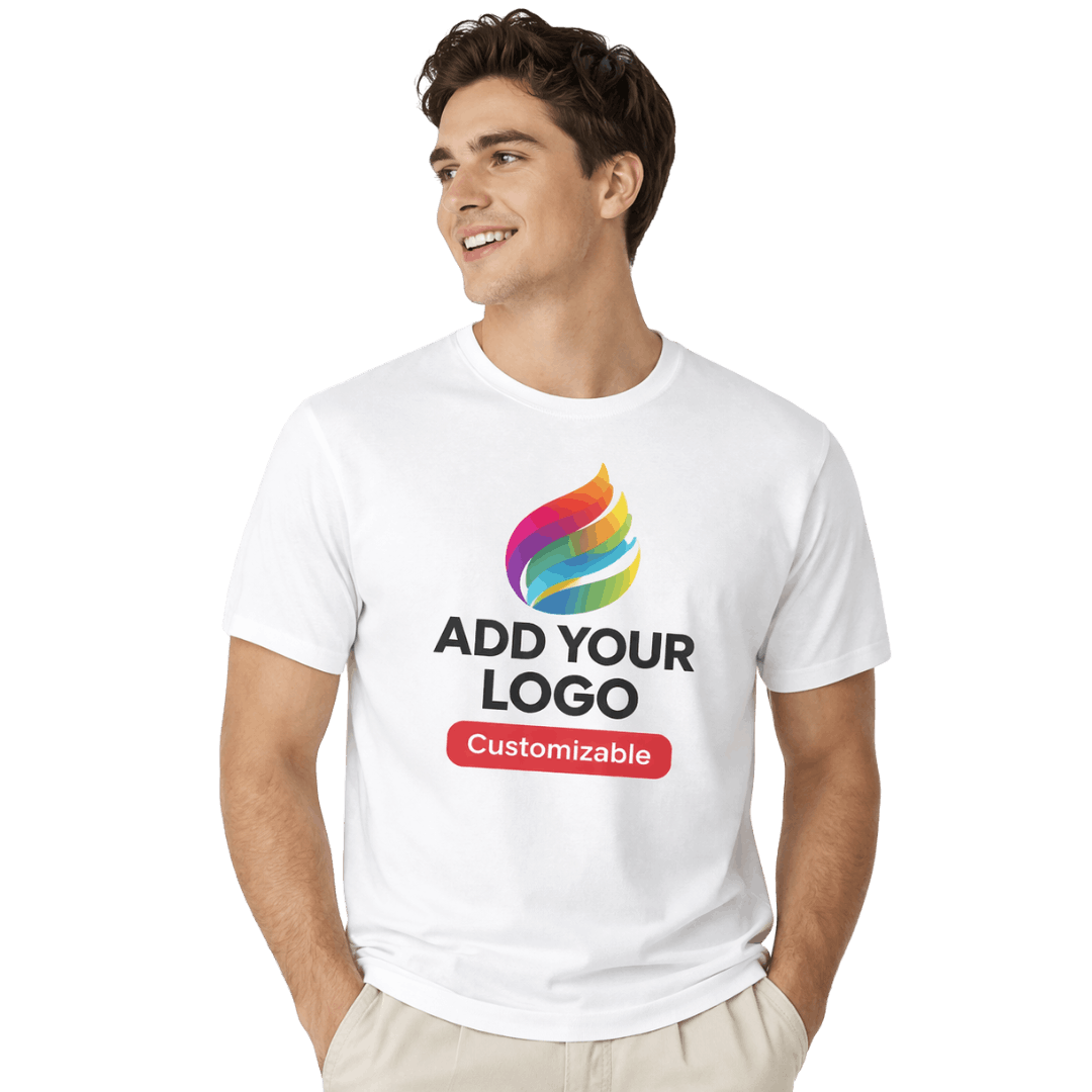 Man wearing a customizable t-shirt with a colorful logo and text.