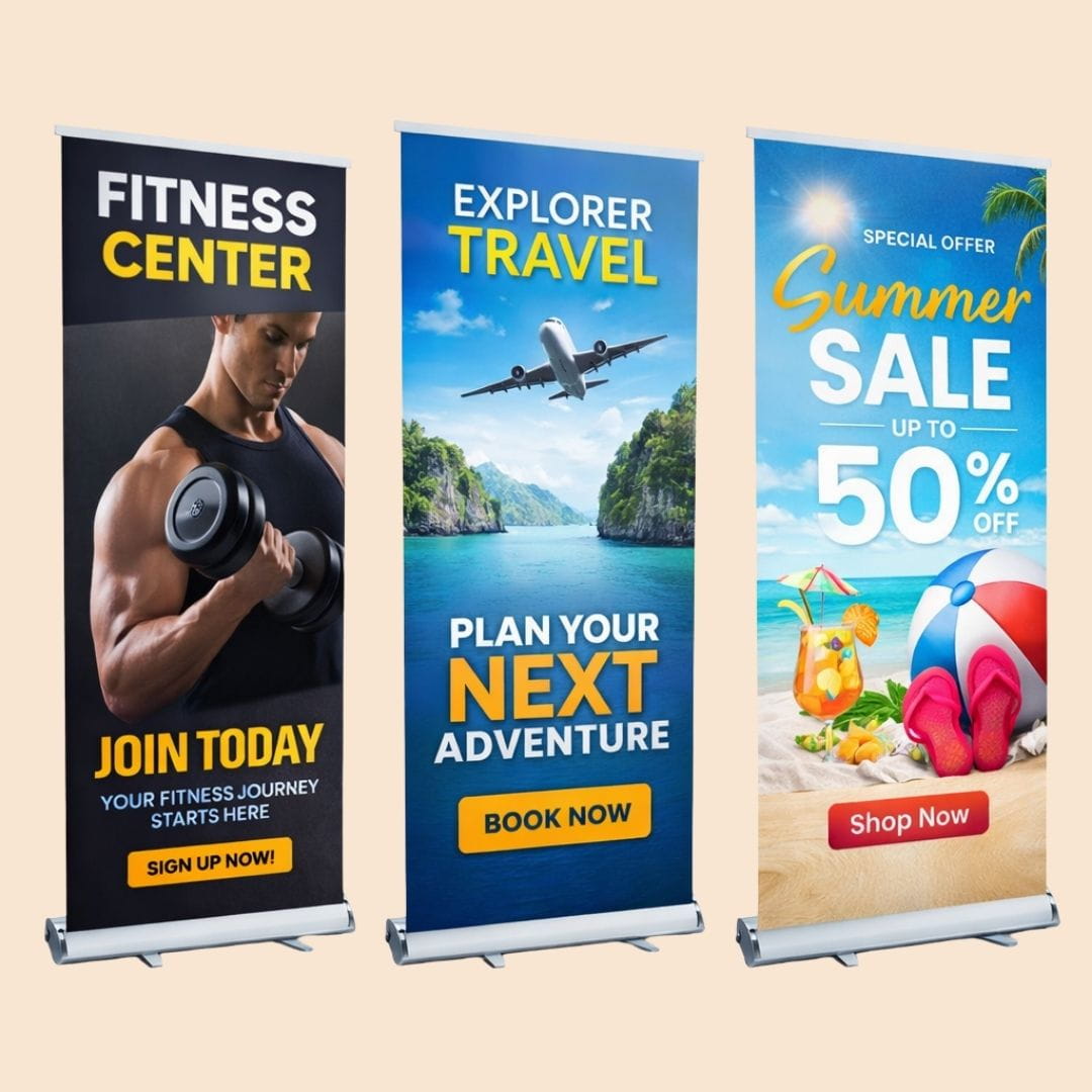 Three promotional banners for a fitness center, travel agency, and summer sale on a beige background.