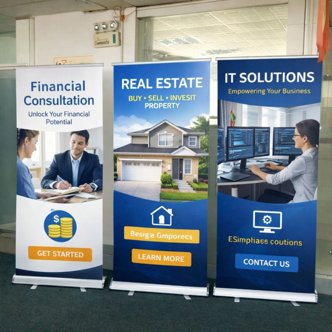 Three promotional banners for financial consultation, real estate, and IT solutions displayed indoors.