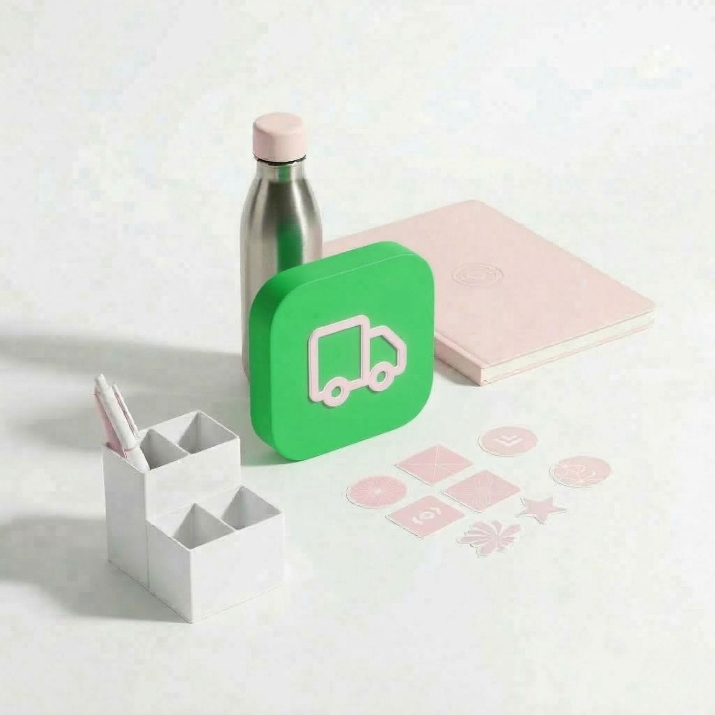 Green icon card with a truck symbol next to a silver water bottle and pink notebook on a light surface.