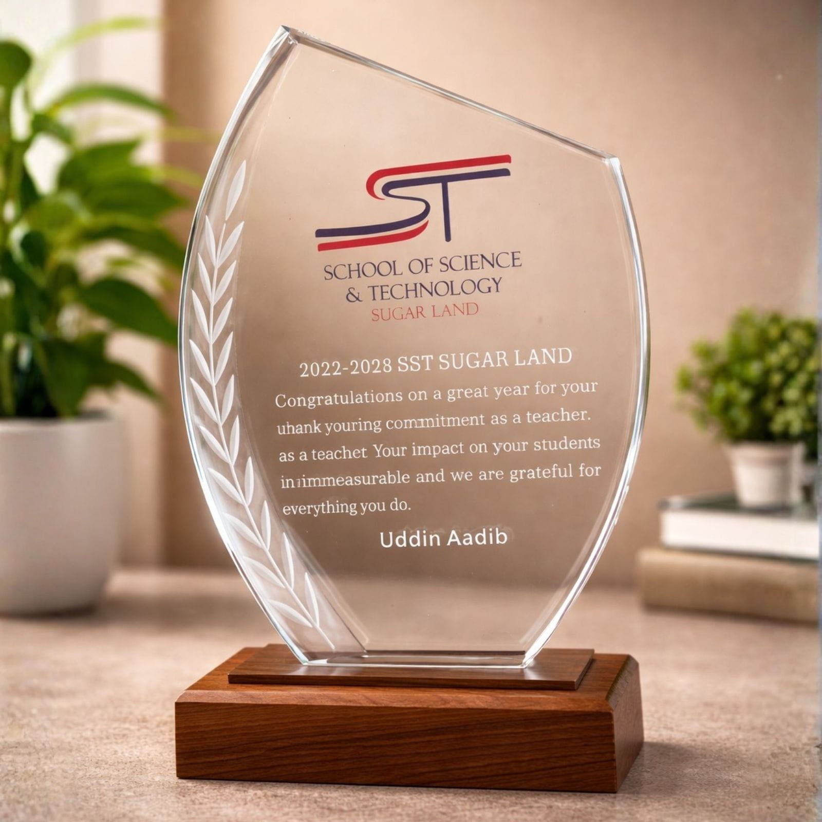 Glass award with wooden base on a surface with plants in the background