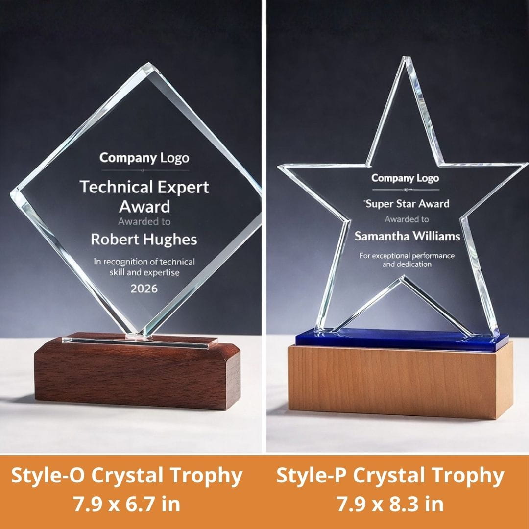 Two crystal trophies, one diamond-shaped and one star-shaped, on a dark background.