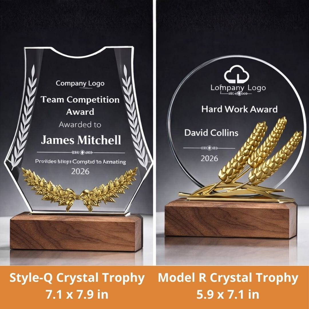 Two crystal trophies with wooden bases on a dark background