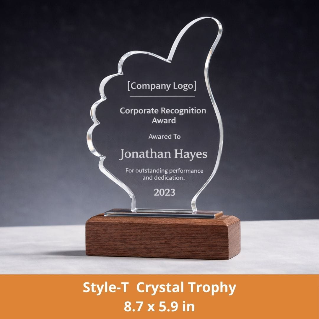 Crystal trophy with wooden base on a dark background