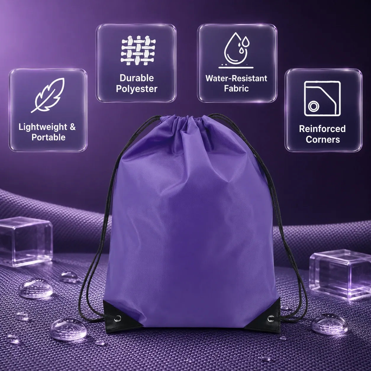 A purple drawstring gym bag centered on a textured purple surface with informational feature tiles above it. The bag has black drawstrings and black reinforced corner patches.